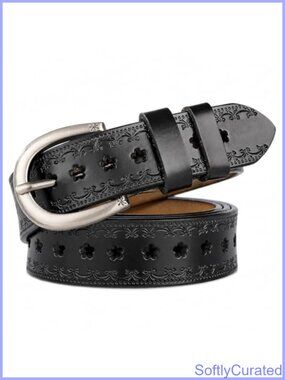 Vintage Leather Belt Floral Engraved Hollow Out Waist Belt Metal Buckle